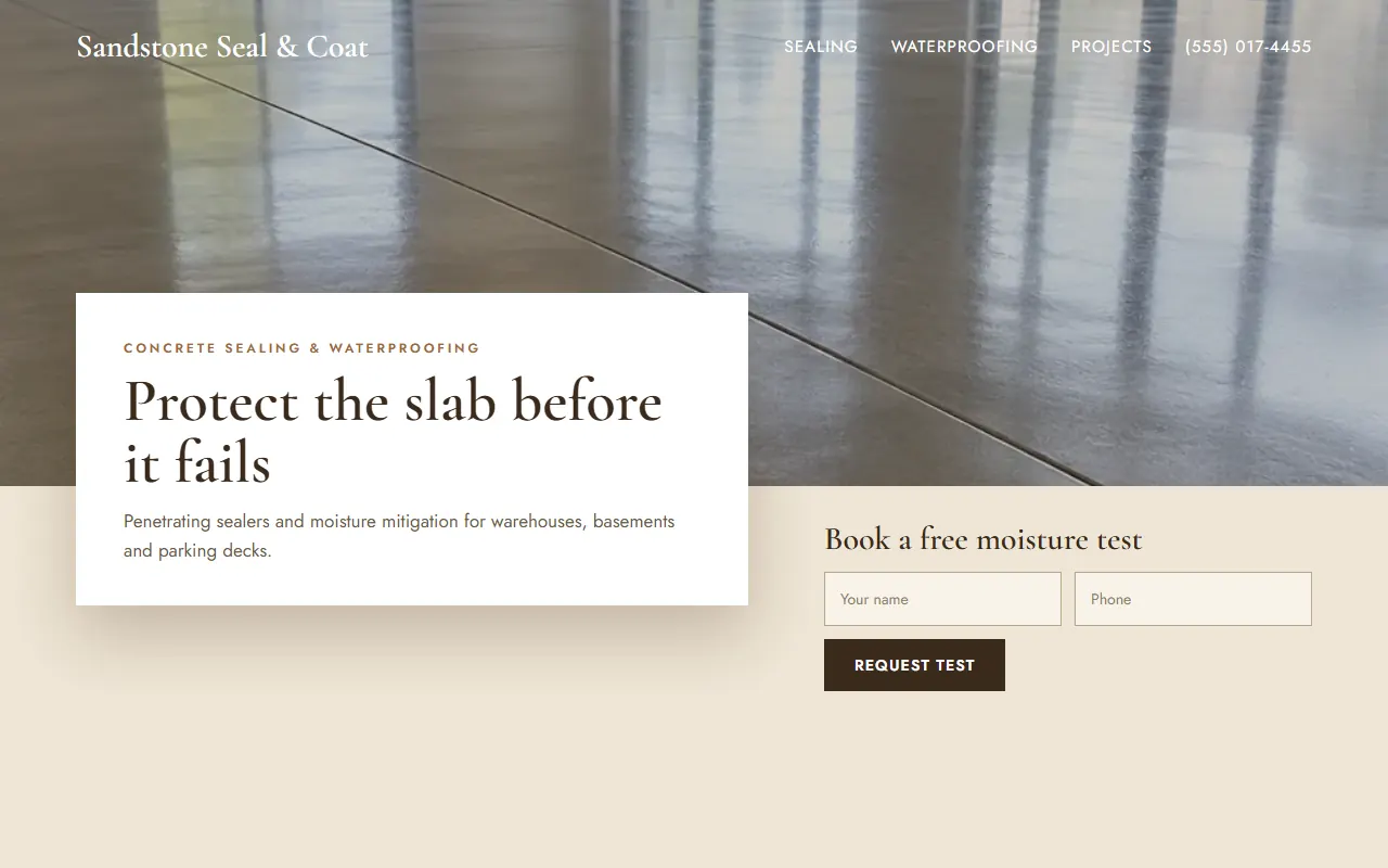 Sample website design for Sandstone Seal & Coat: Concrete sealing: banner with overlapping card