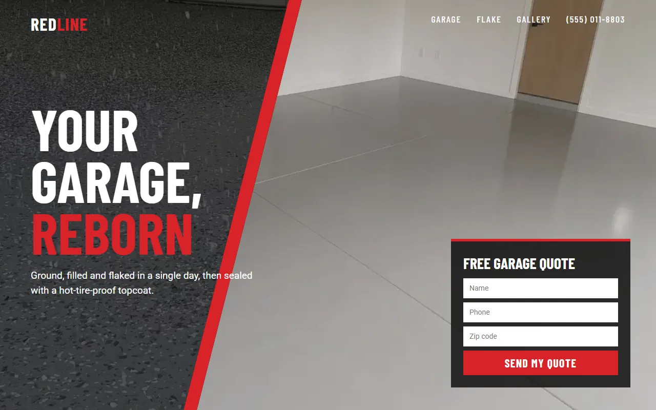 Sample website design for Redline Garage Floors: Garage floors: diagonal split hero