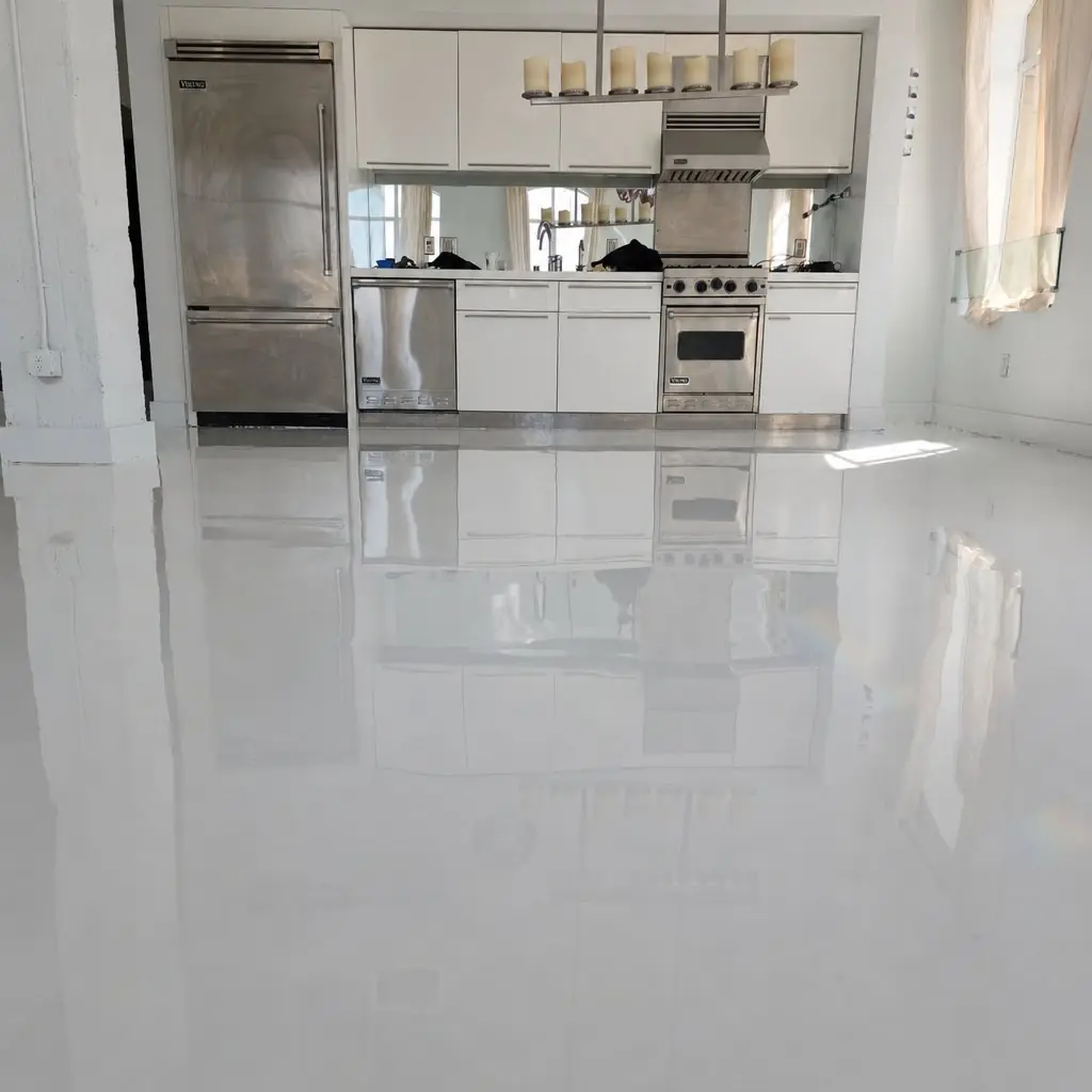 Glossy white epoxy kitchen floor
